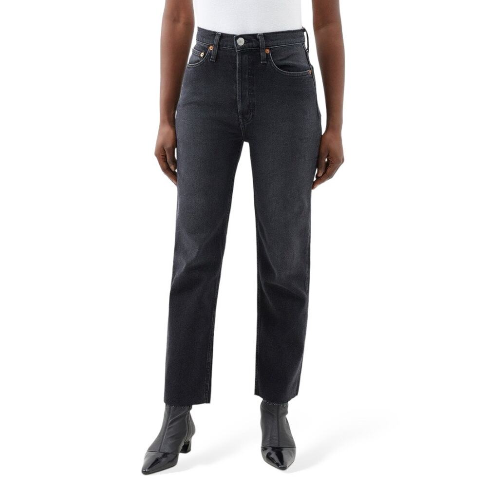 Re/Done 70s Stove Pipe Onyx Fade High Rise Raw Hem Jeans 28